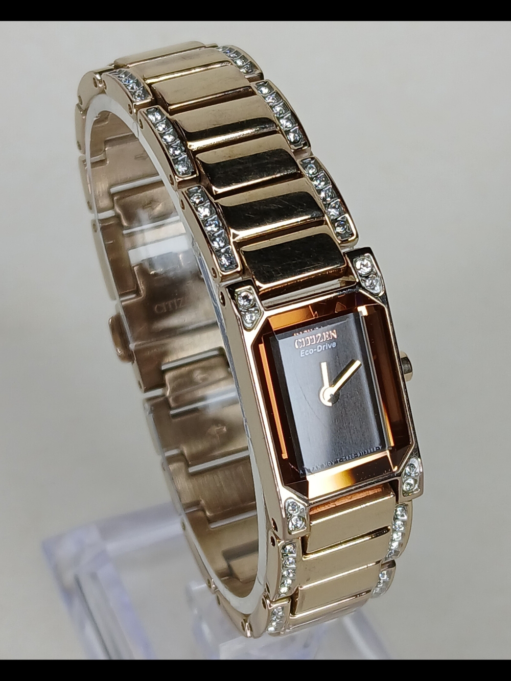 Citizen Eco-Drive Ladies Watch Rose Gold Tone Rectangular Crystal Accent Dial